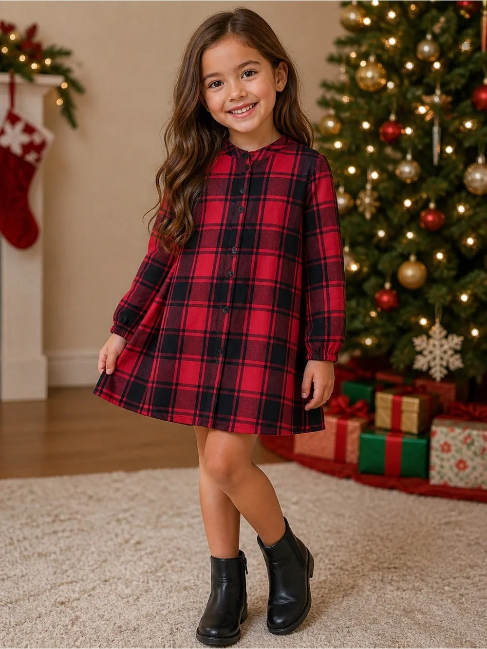 The Children's Place Red and Black Plaid Long-Sleeve Holiday Dress